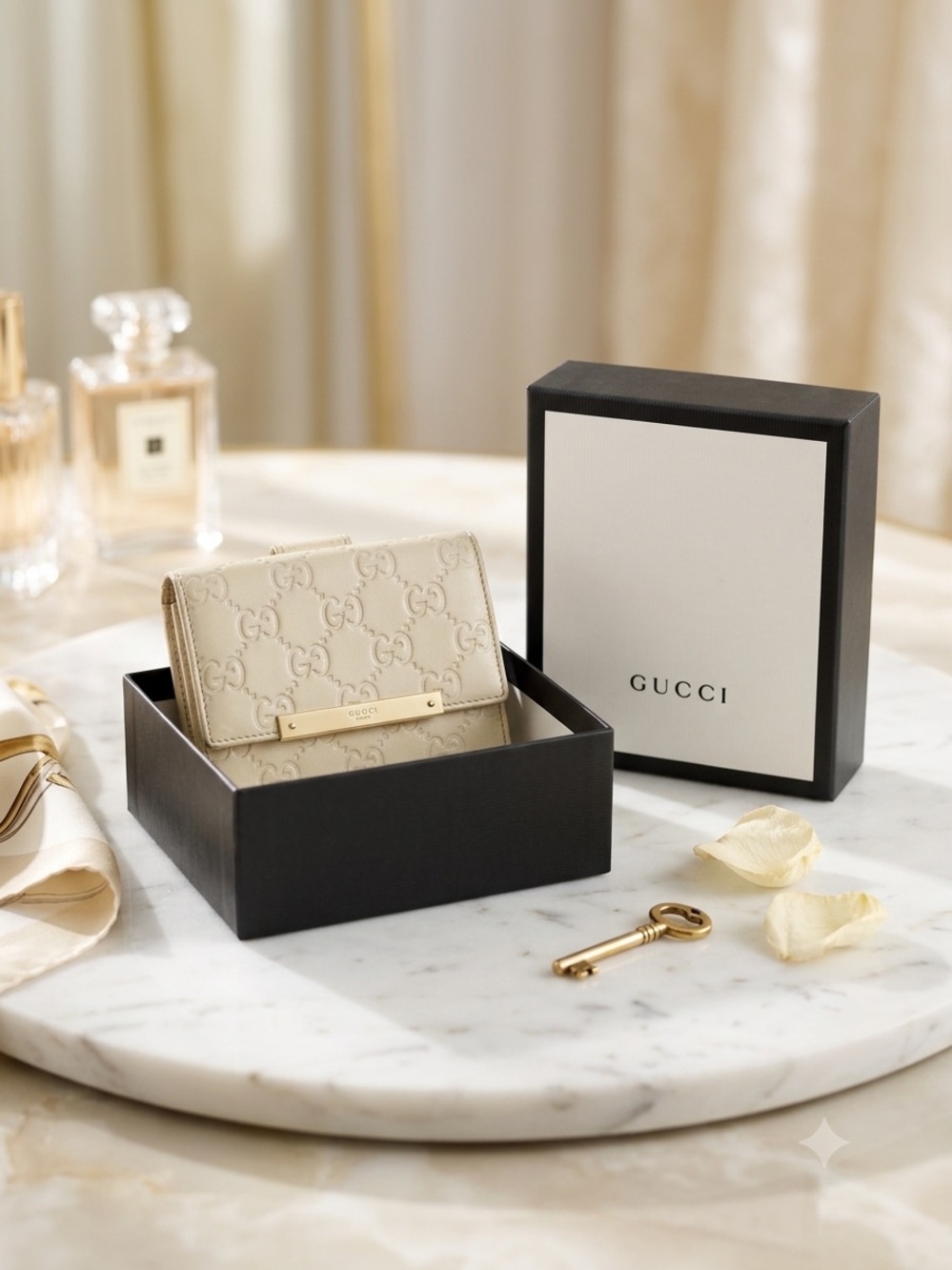 Gucci Cream Embossed GG Leather Wallet with Gold Bar